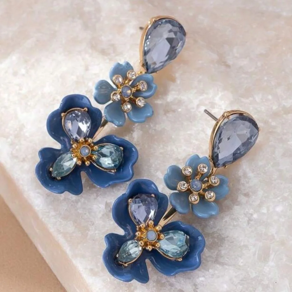 Anthropologie Blue and Gold Floral Earrings - Picture 1 of 5